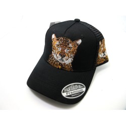 2603-35 RHINE STONE "CHEETAH" MESH TRUCKER HAT BLACK