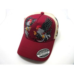 2603-29 RHINE STONE "TWO COCK" MESH TRUCKER HAT BURGUNDY/KHAKI