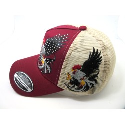2603-29 RHINE STONE "TWO COCK" MESH TRUCKER HAT BURGUNDY/KHAKI
