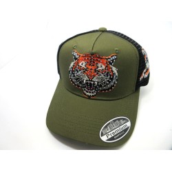 2603-36 RHINE STONE "TIGER" MESH TRUCKER HAT BLACK/OLIVE
